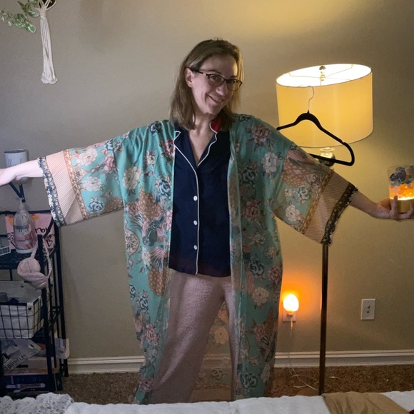 One size kimono swimsuit bodysuit cover sheer Turquoise with 10 lining accents - Picture 9 of 10